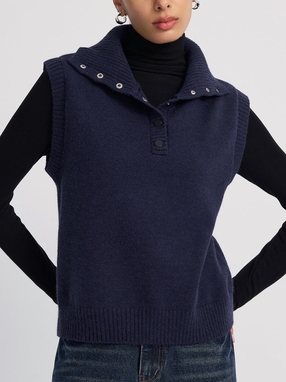 Button-Detail Collared Knit Vest