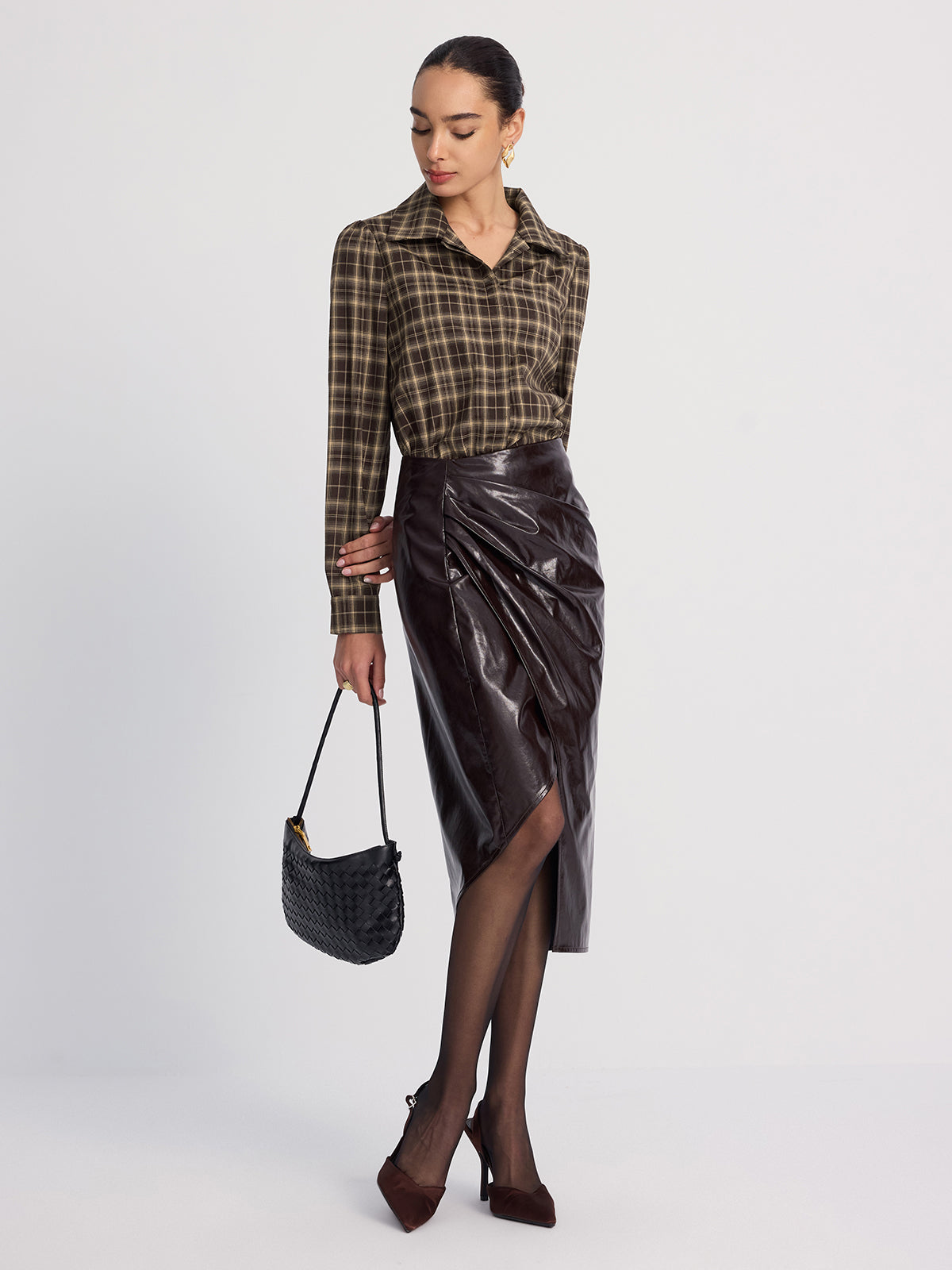 Collared Puff-Sleeve Plaid Bodysuit