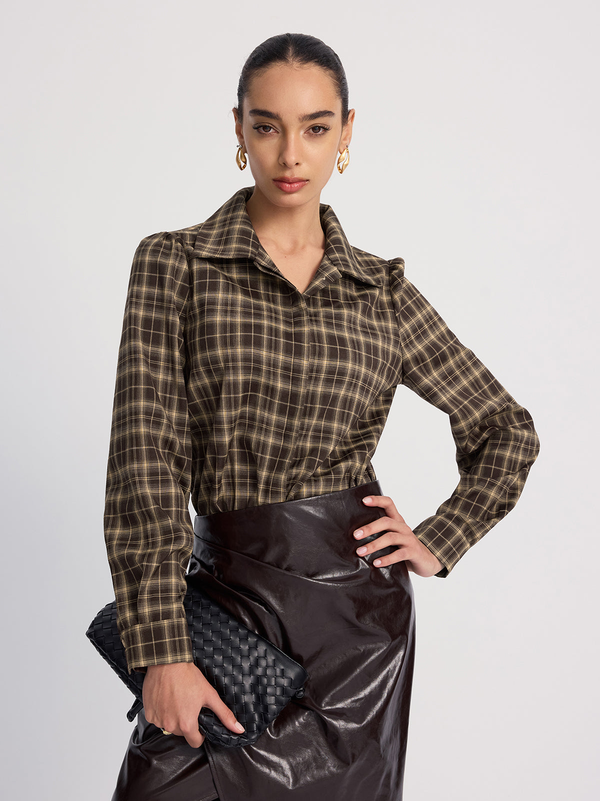 Collared Puff-Sleeve Plaid Bodysuit