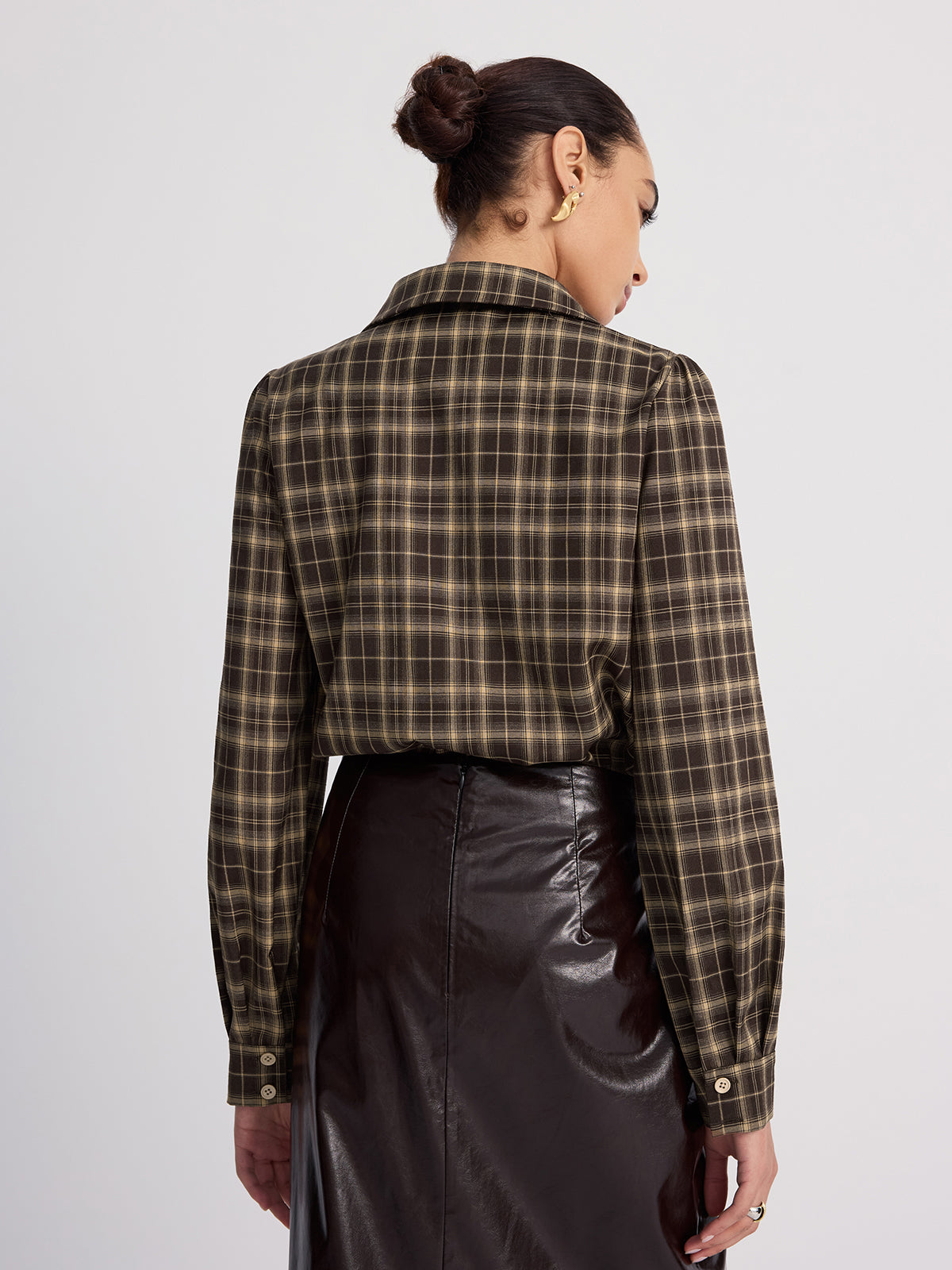 Collared Puff-Sleeve Plaid Bodysuit