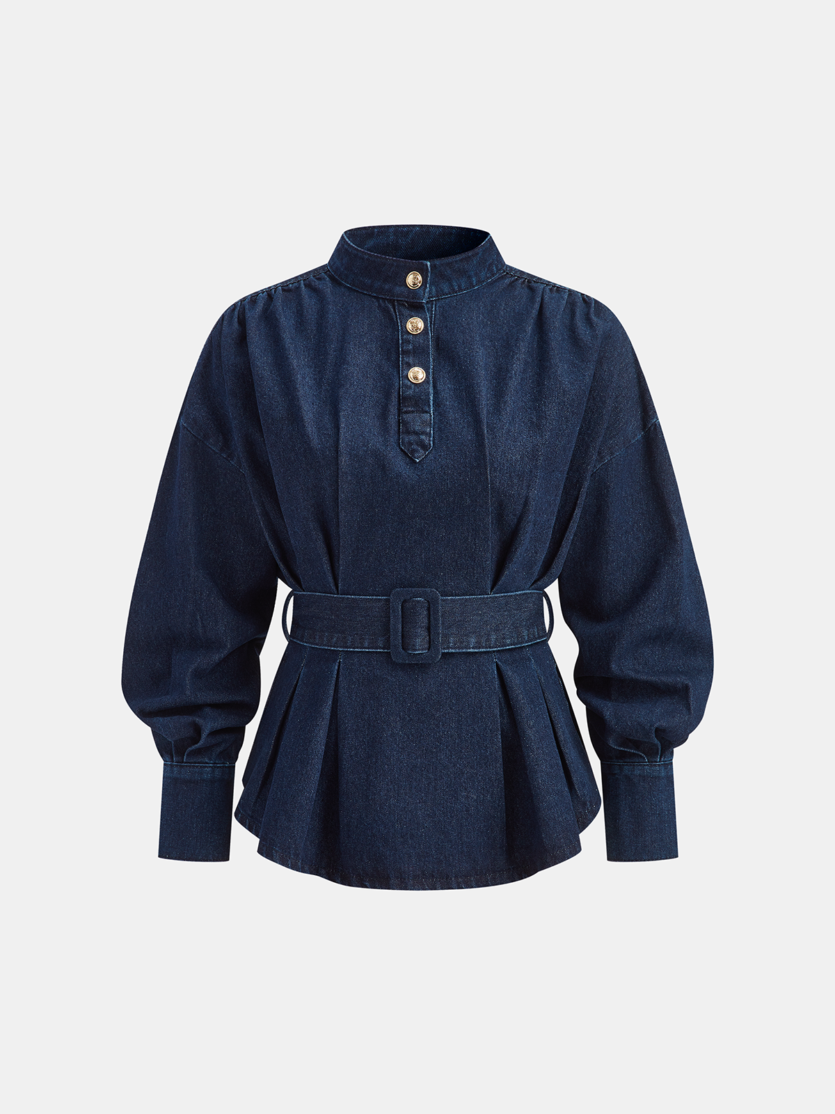 Pleated Belted Denim Peplum Top