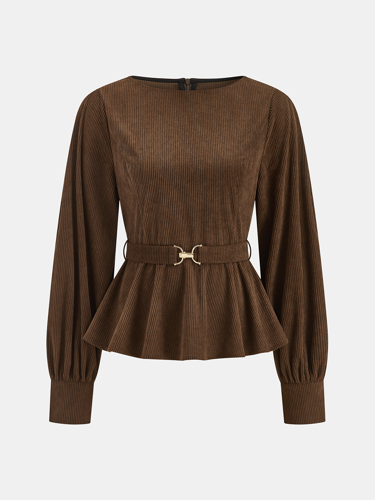 Belted Peplum Corduroy Balloon-Sleeve Top