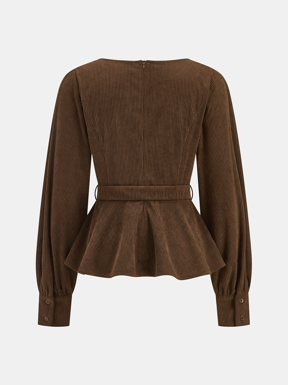 Belted Peplum Corduroy Balloon-Sleeve Top