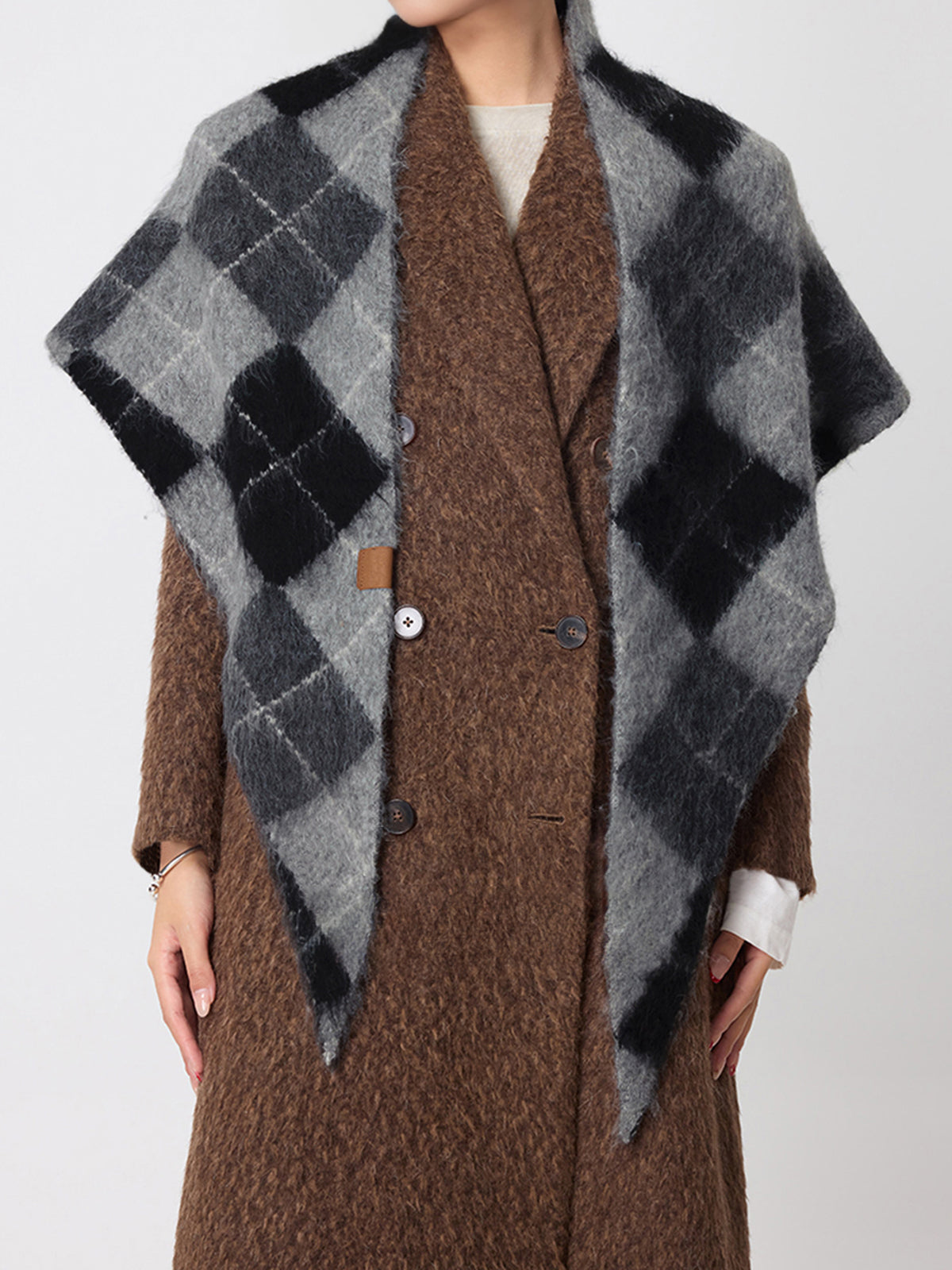 Wool Blend Plaid Knit Triangle Scarf