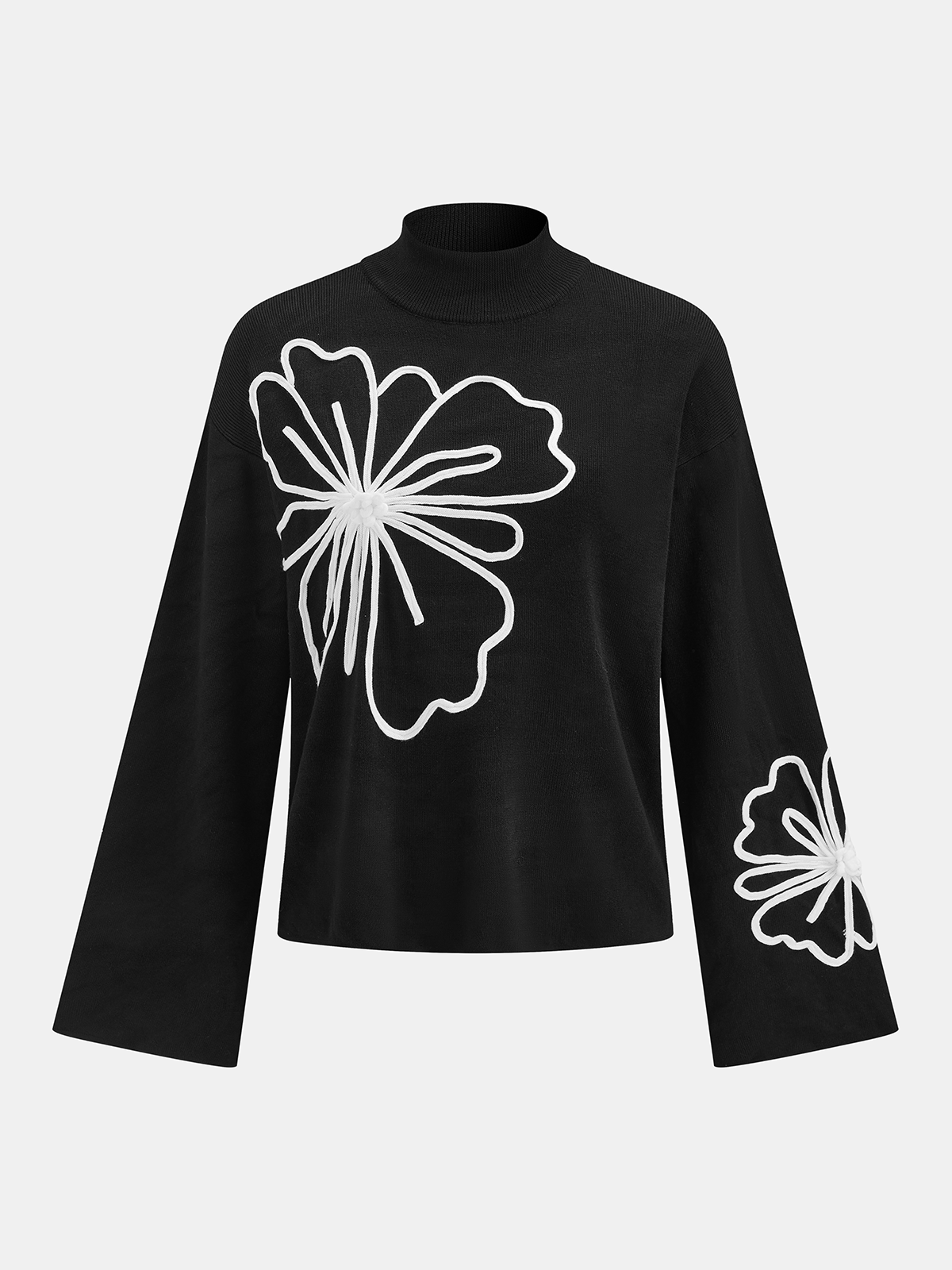 Mock Neck Floral Embroidered Oversized Knit Sweater