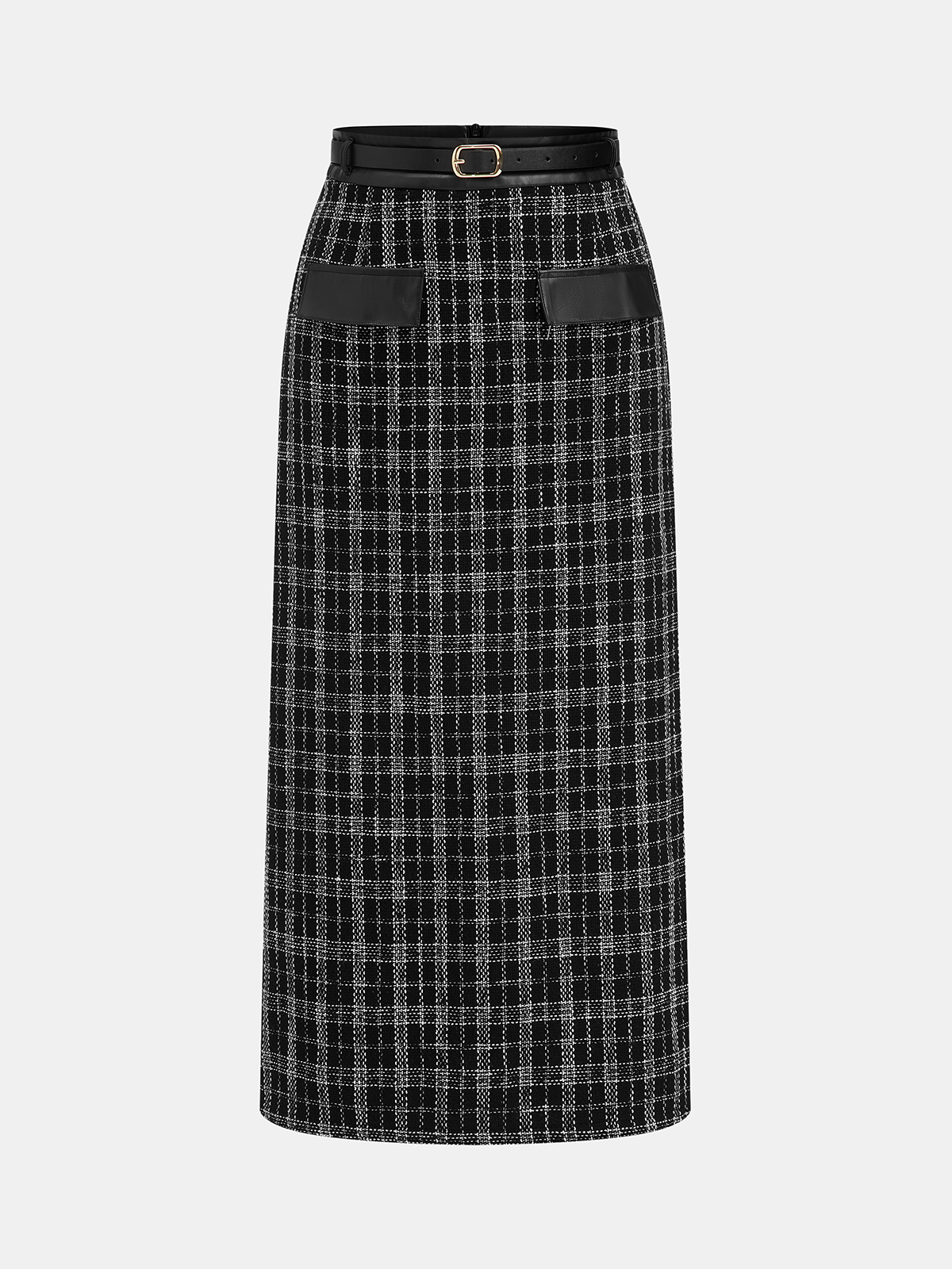 Belted Plaid Tweed Skirt
