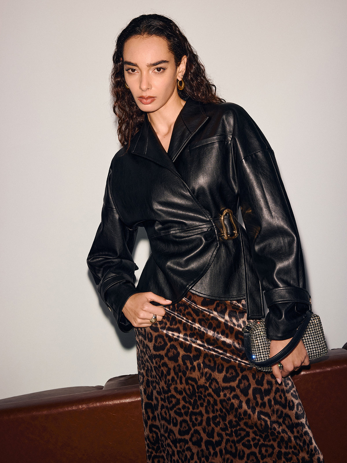 Buckle-Accented Cinched-Waist Faux Leather Jacket