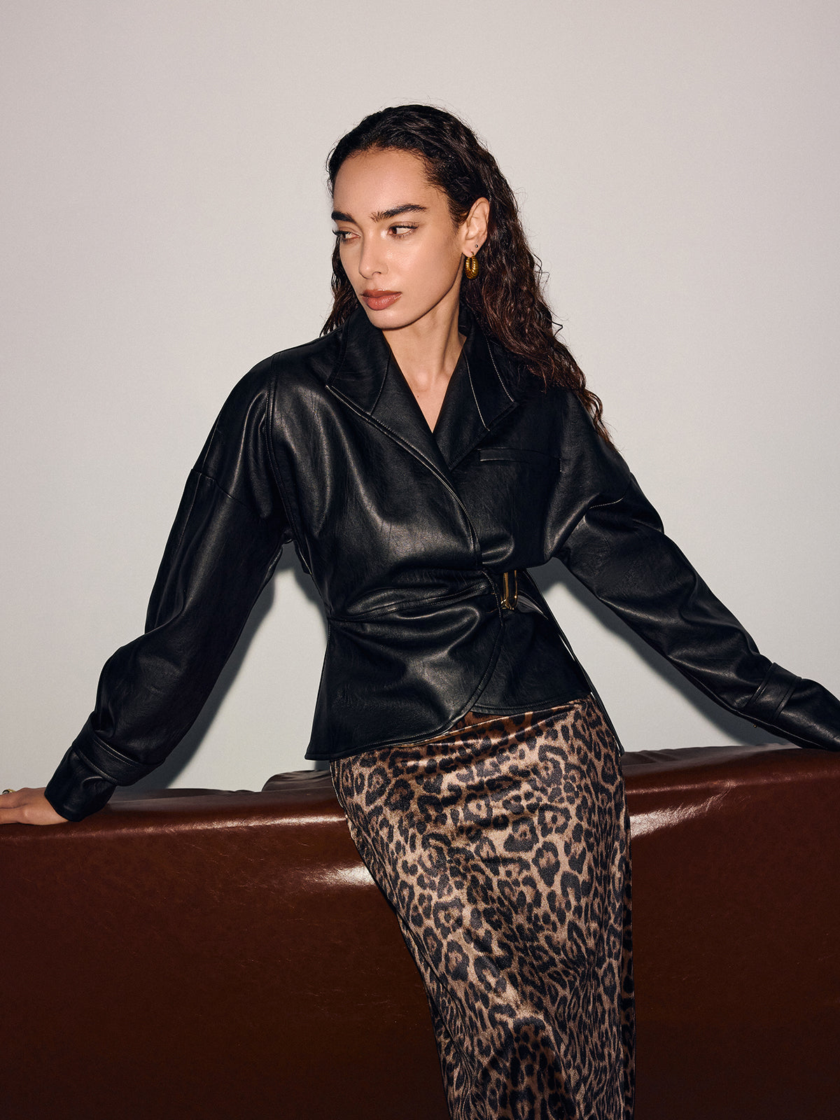 Buckle-Accented Cinched-Waist Faux Leather Jacket