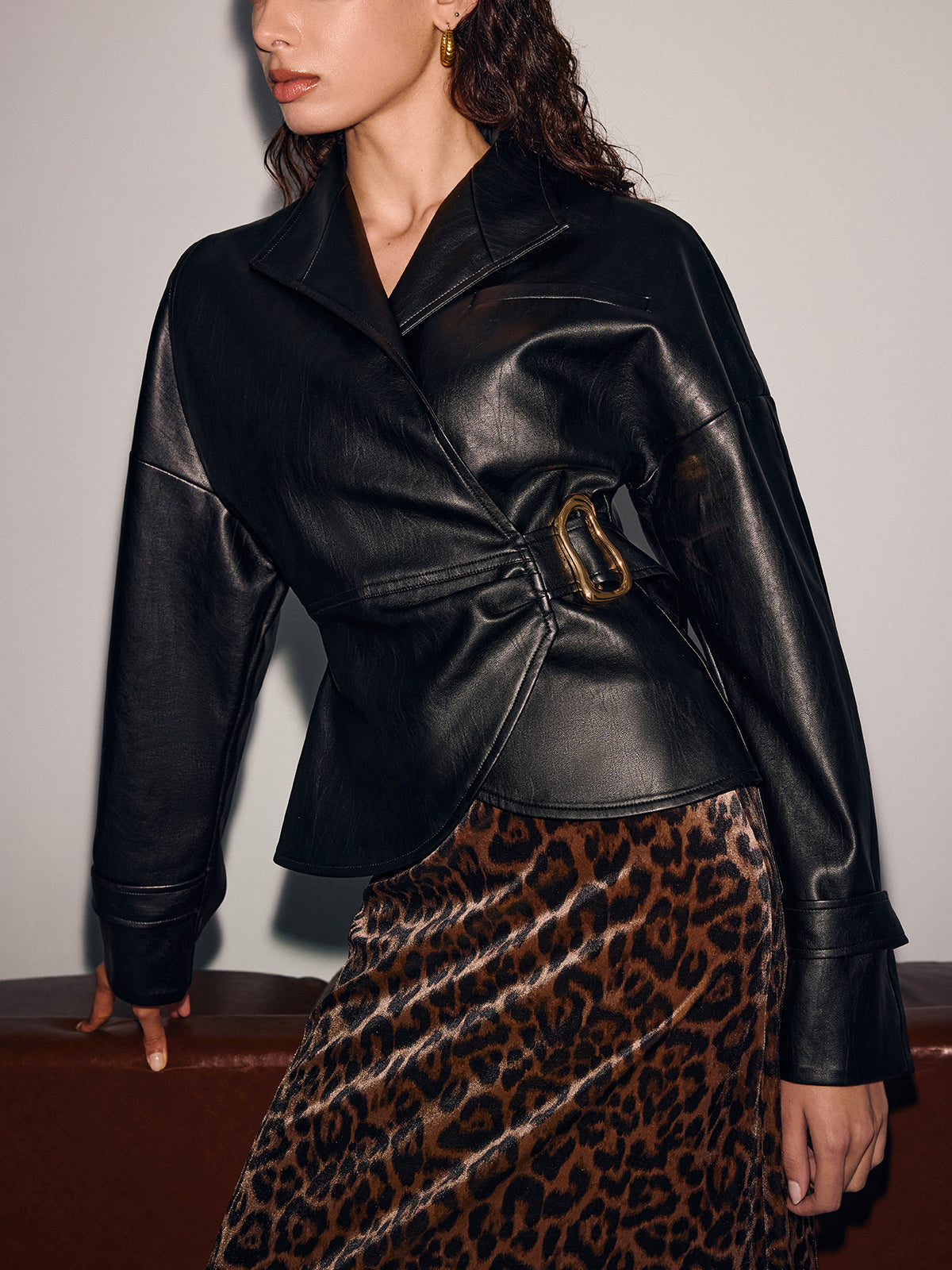 Buckle-Accented Cinched-Waist Faux Leather Jacket