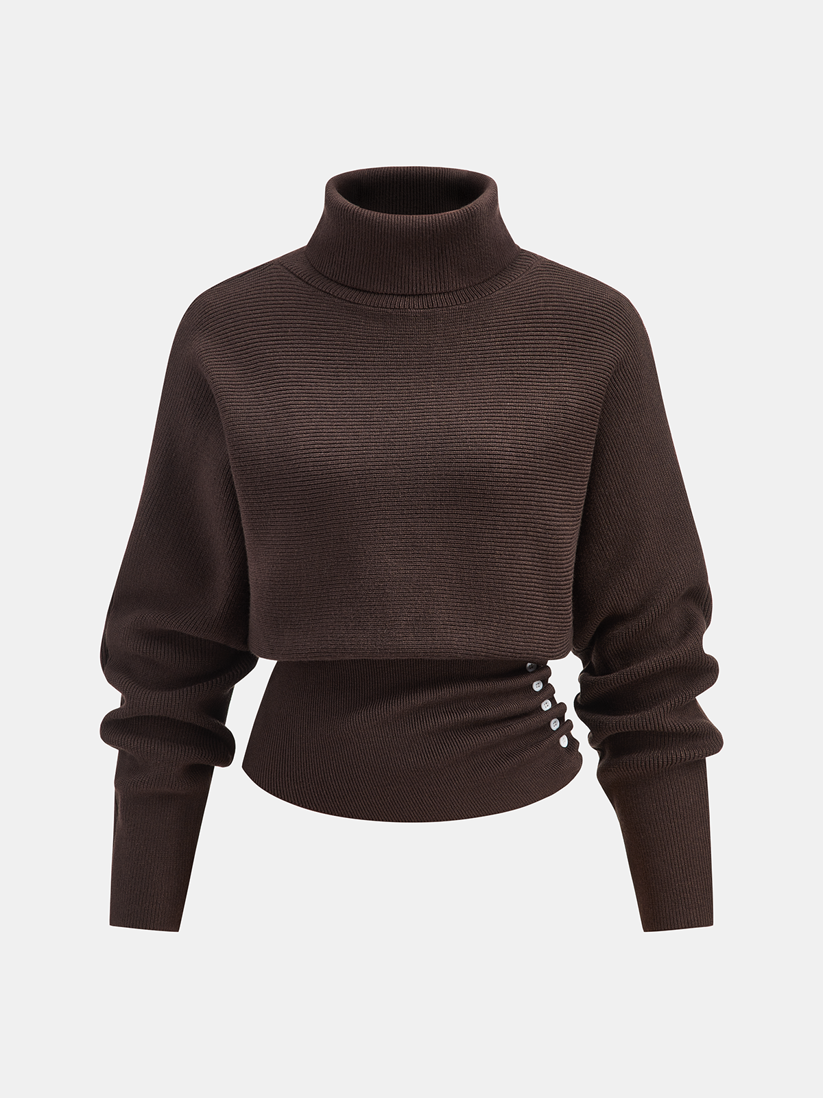 Side Pleats Turtleneck Cinched-Waist Knit Sweater