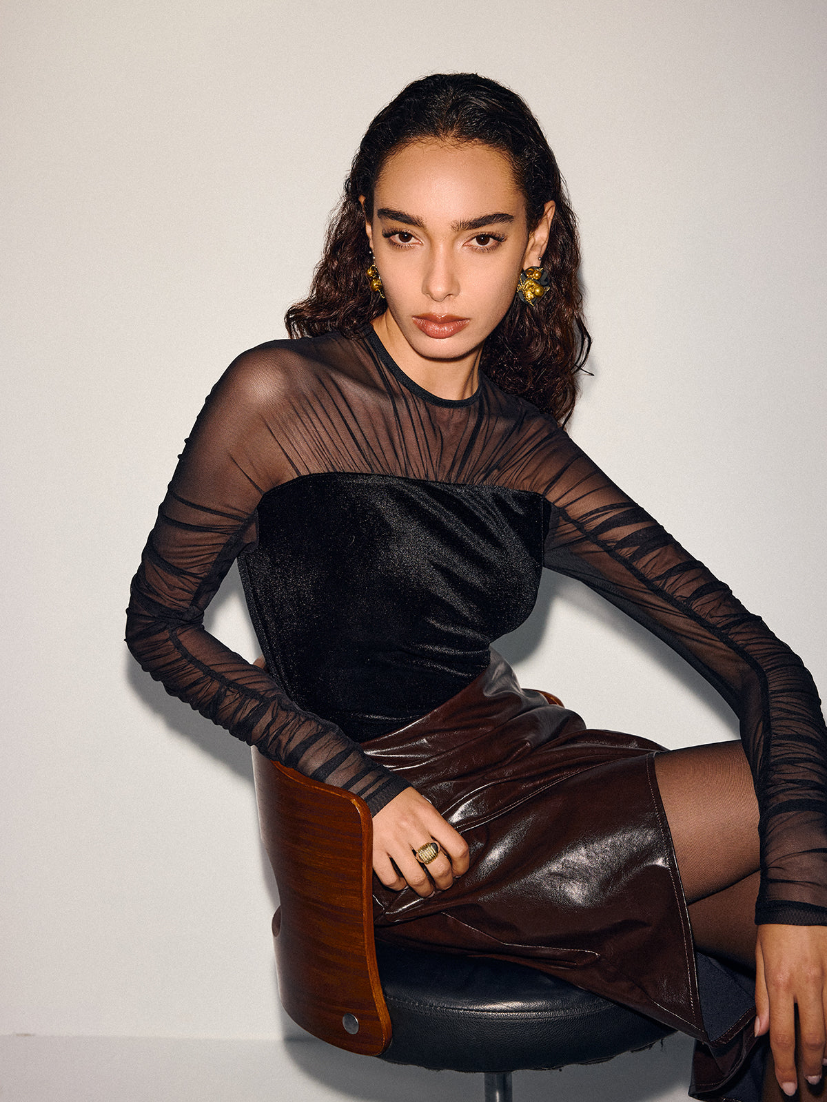 Velvet-Mesh Panel Long-Sleeve Top