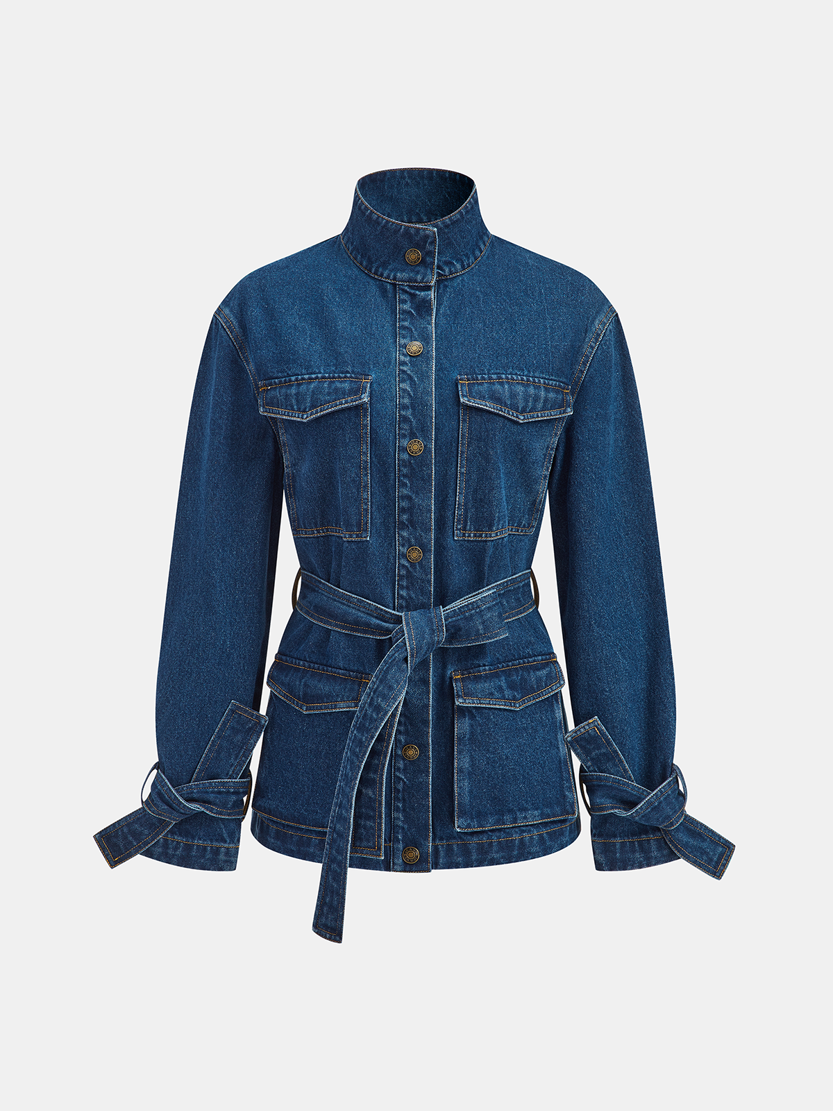 Belted Denim Jacket with Tie-Cuff Detail