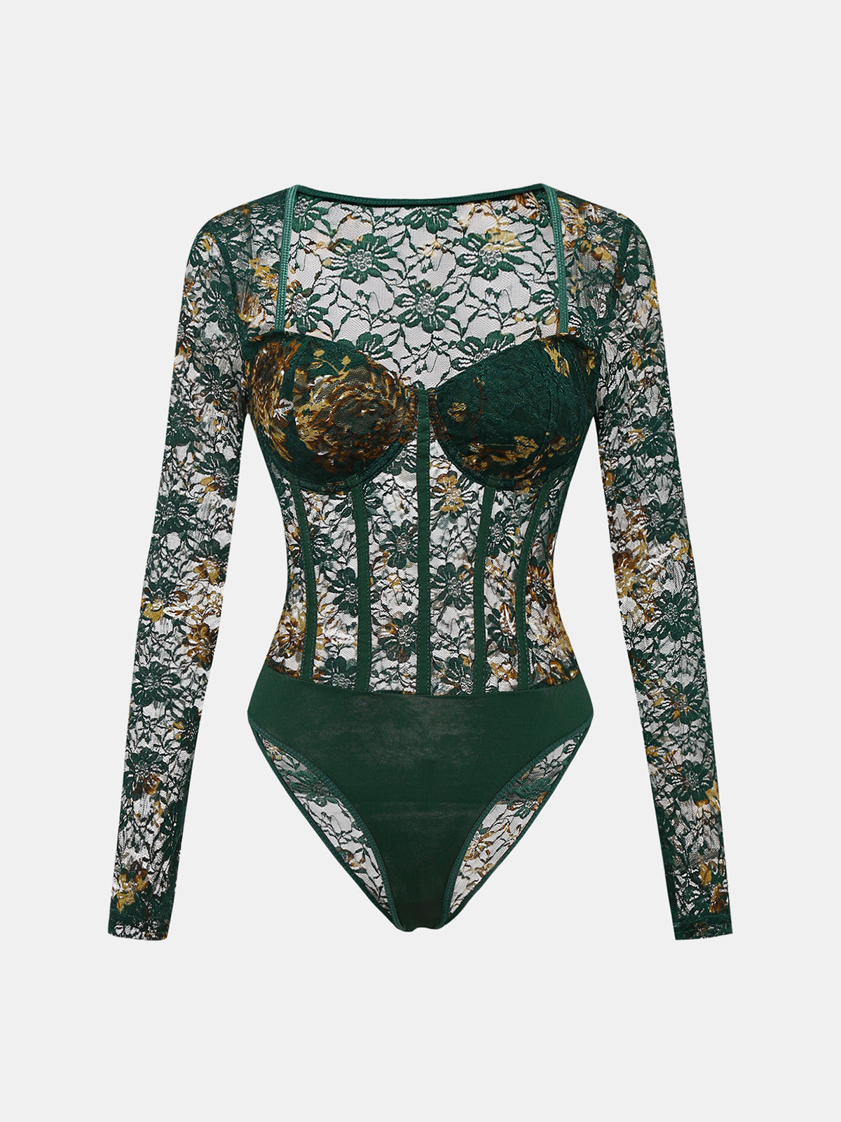 Sheer Floral Lace Corset Bodysuit