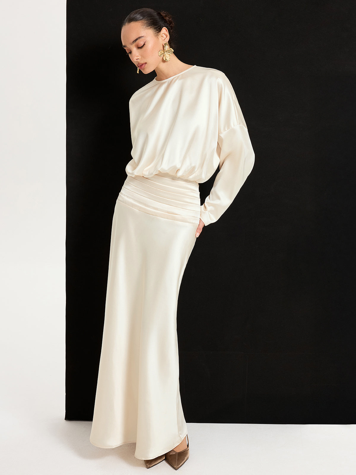 Satin Long Sleeve Pleated Waist Maxi Dress