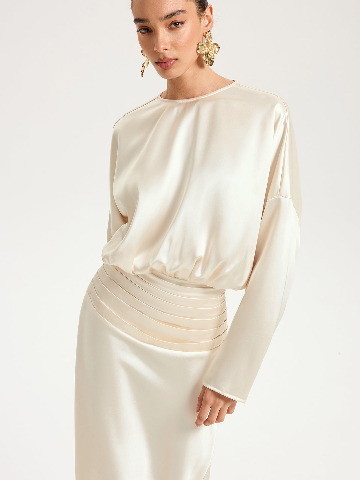 Satin Long Sleeve Pleated Waist Maxi Dress