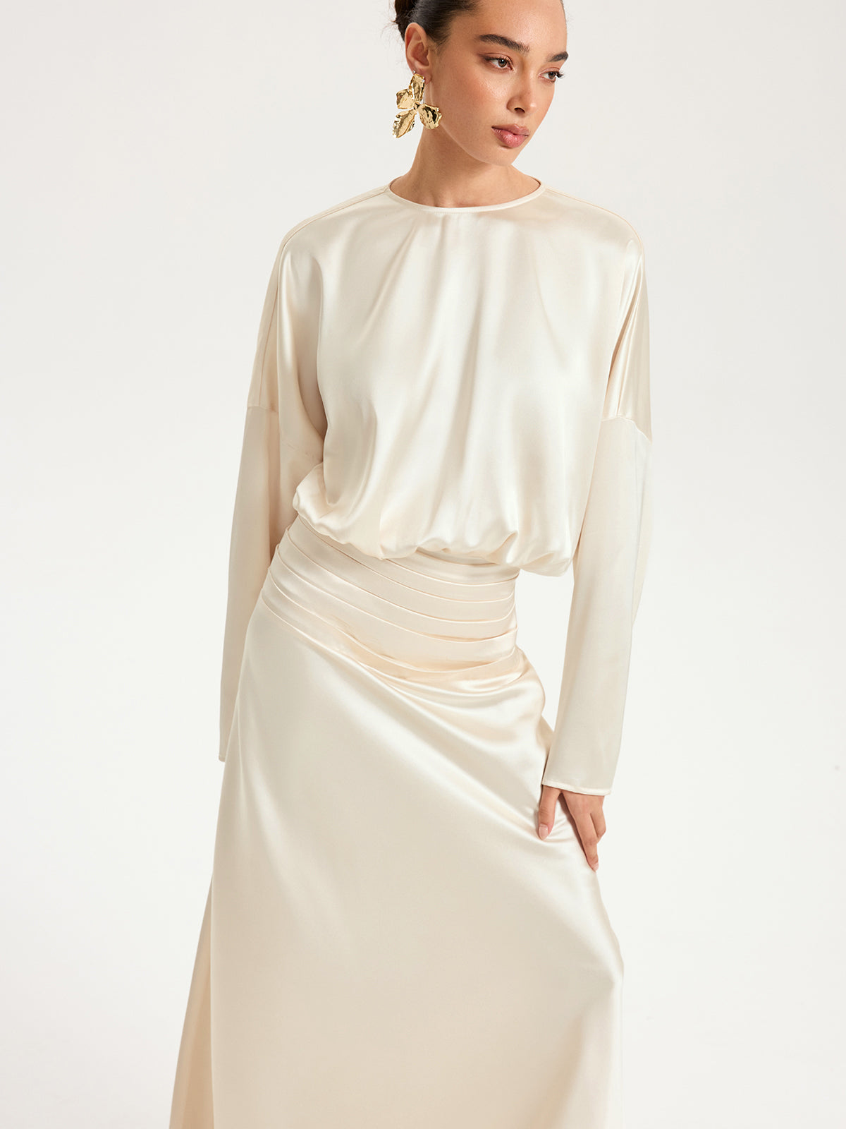 Satin Long Sleeve Pleated Waist Maxi Dress