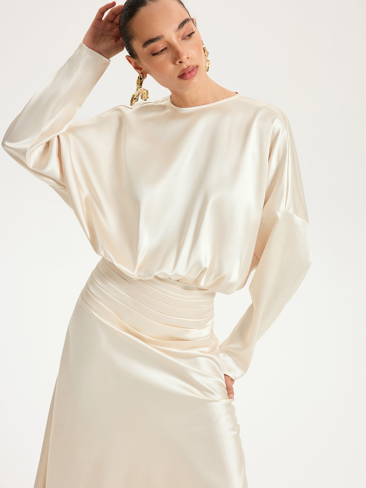 Satin Long Sleeve Pleated Waist Maxi Dress