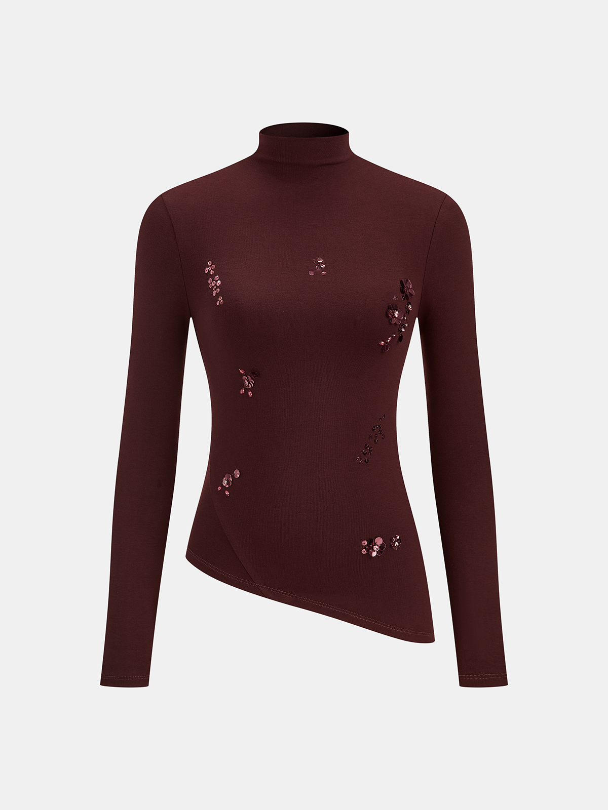 Mock Neck Asymmetric Hem Flower-Sequin Top