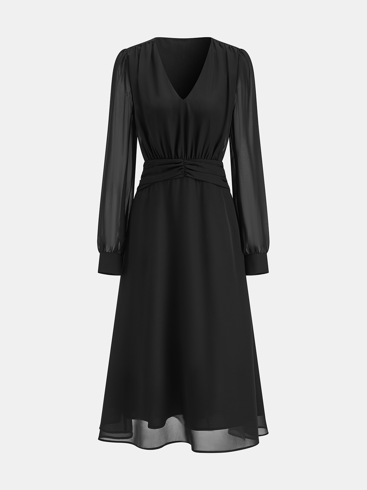 Chiffon Long Sleeve Ruched V-Neck Maxi Dress