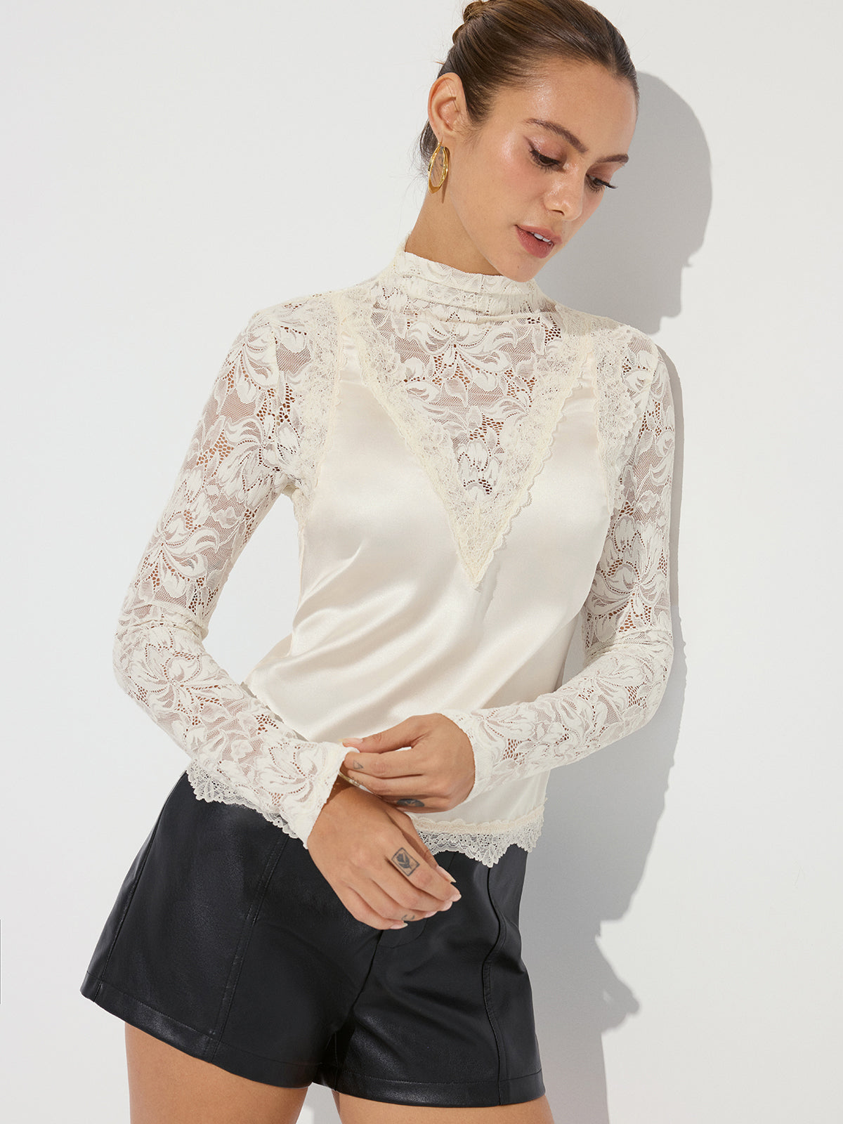 Mock Neck Lace Paneled Satin Blouse