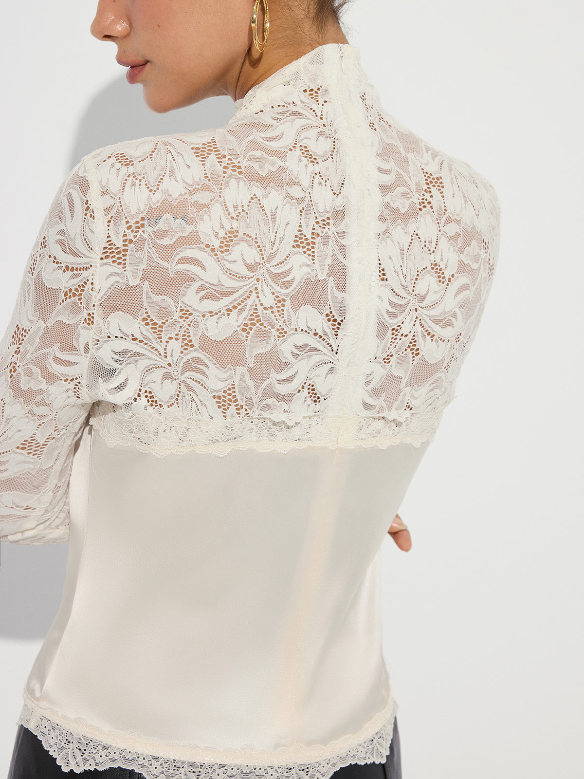 Mock Neck Lace Paneled Satin Blouse