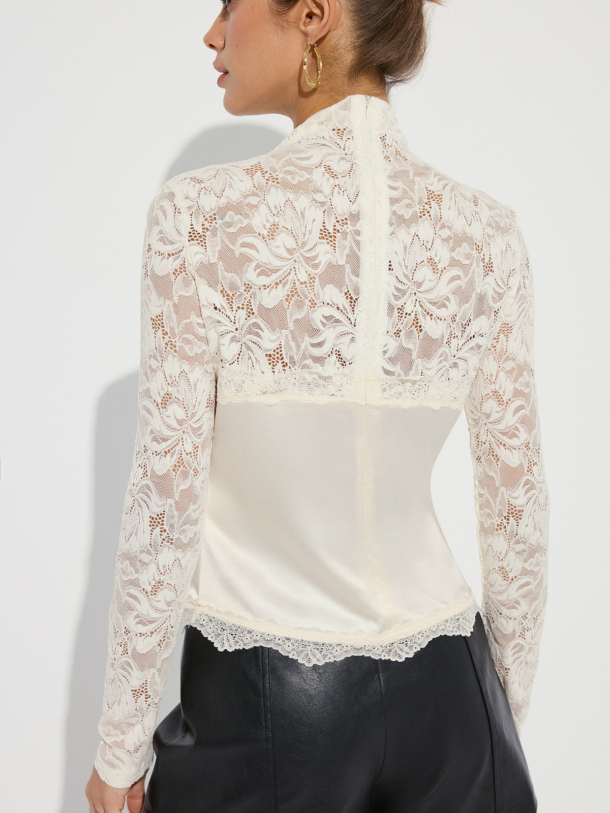 Mock Neck Lace Paneled Satin Blouse