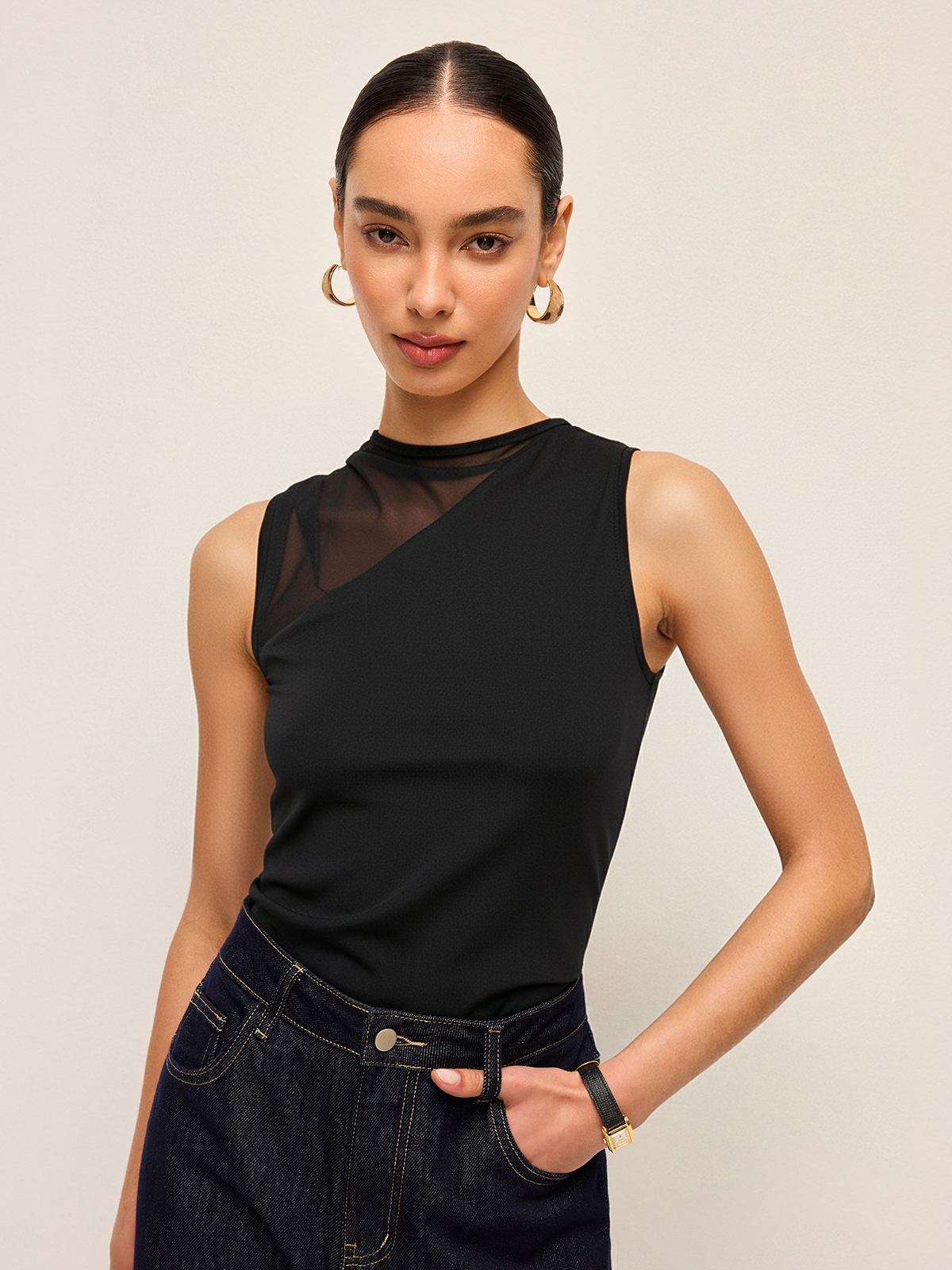 Mesh-Panel Asymmetrical Sleeveless Top