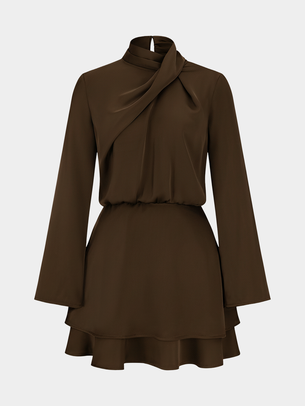 Langärmeliges Mini-Satin-Kleid mit überlappendem Ausschnitt und Stufenrock