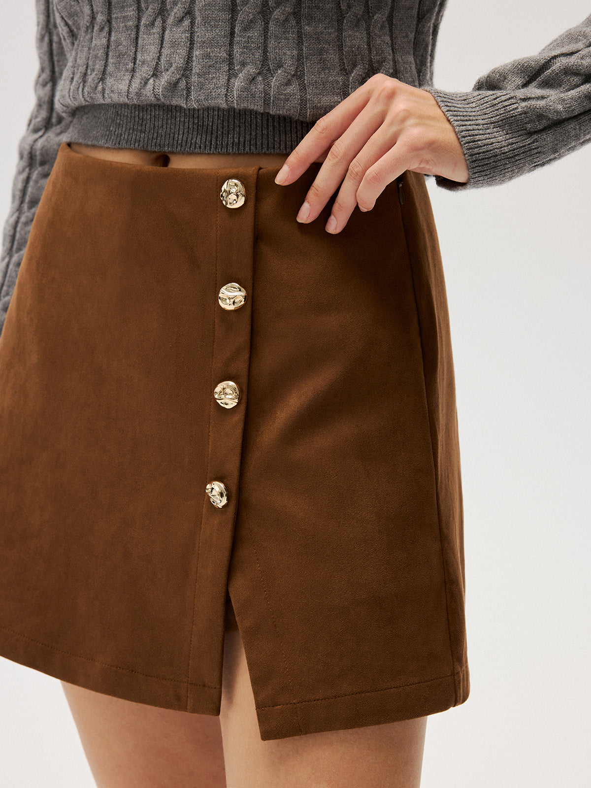 Metal Button Suede Effect Mini Skirt