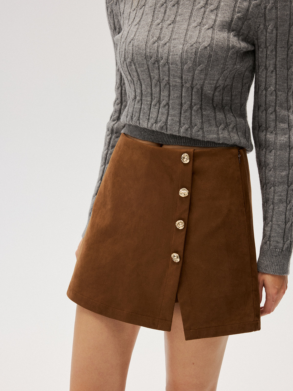 Metal Button Suede Effect Mini Skirt