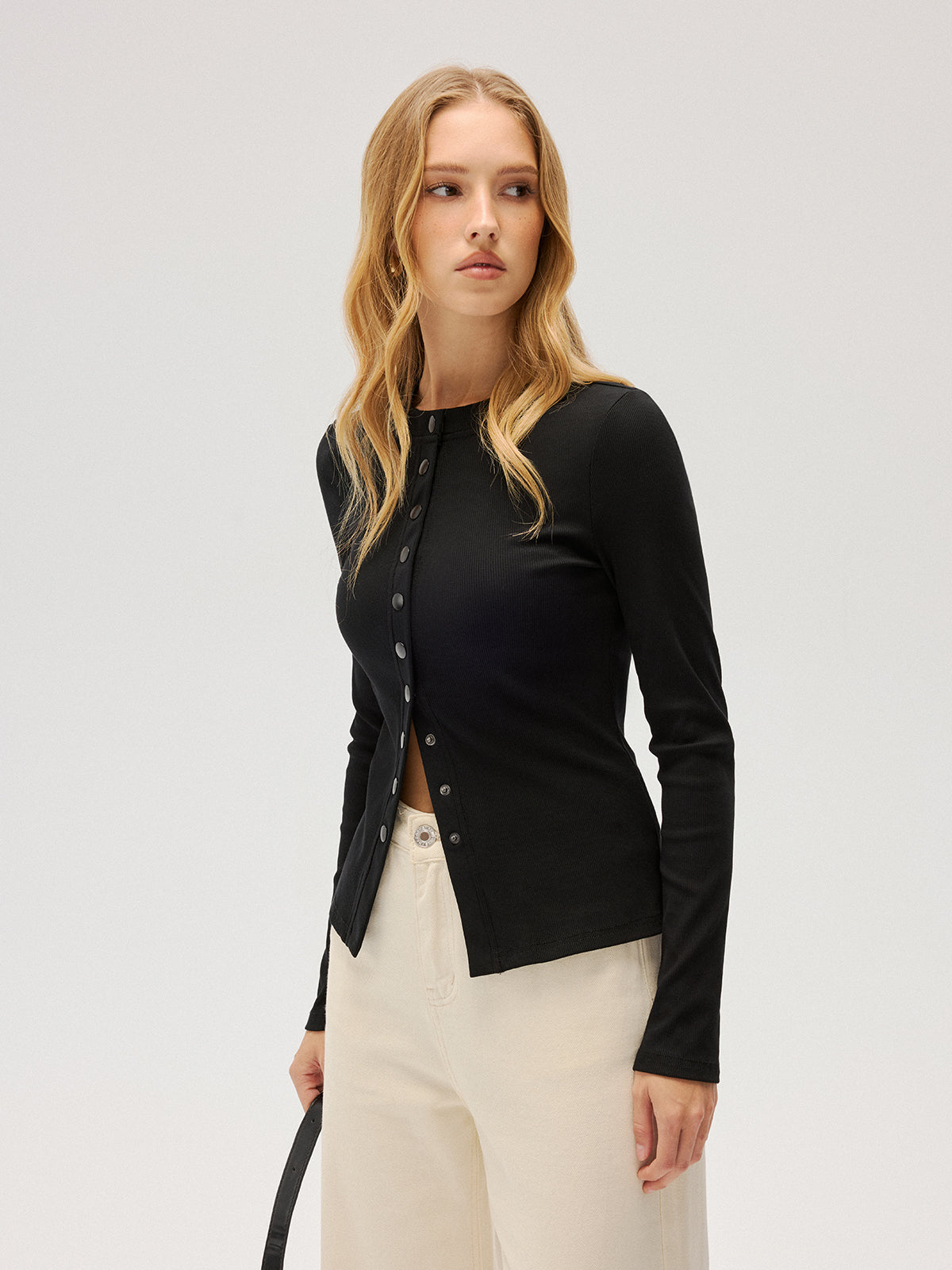 Slim-Fit Ribbed Button-Front Top