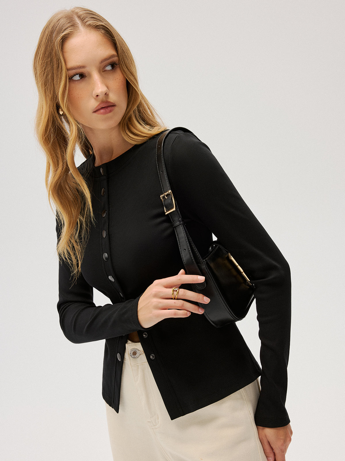 Slim-Fit Ribbed Button-Front Top