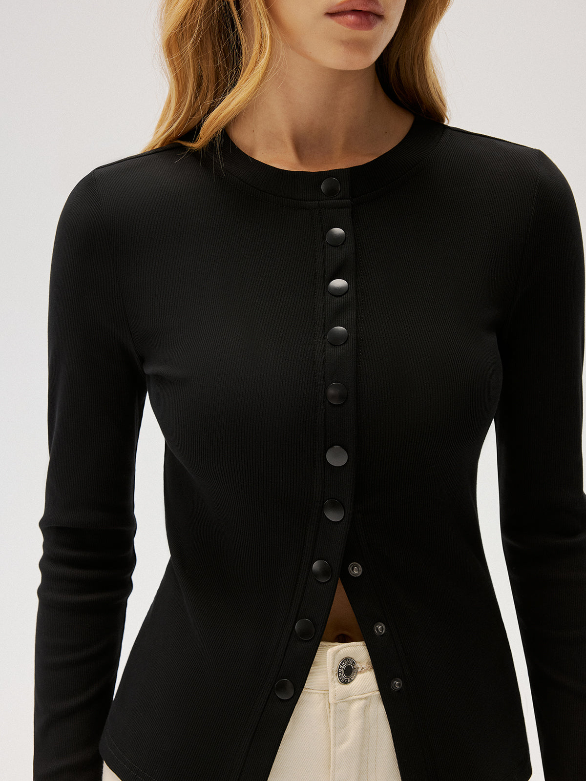 Slim-Fit Ribbed Button-Front Top