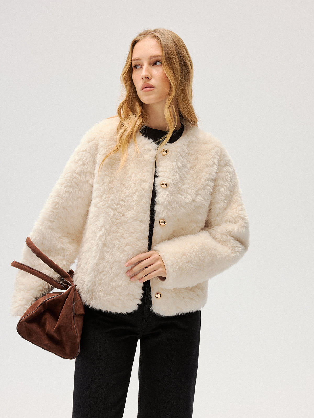 Metal Button Faux Fur Coat