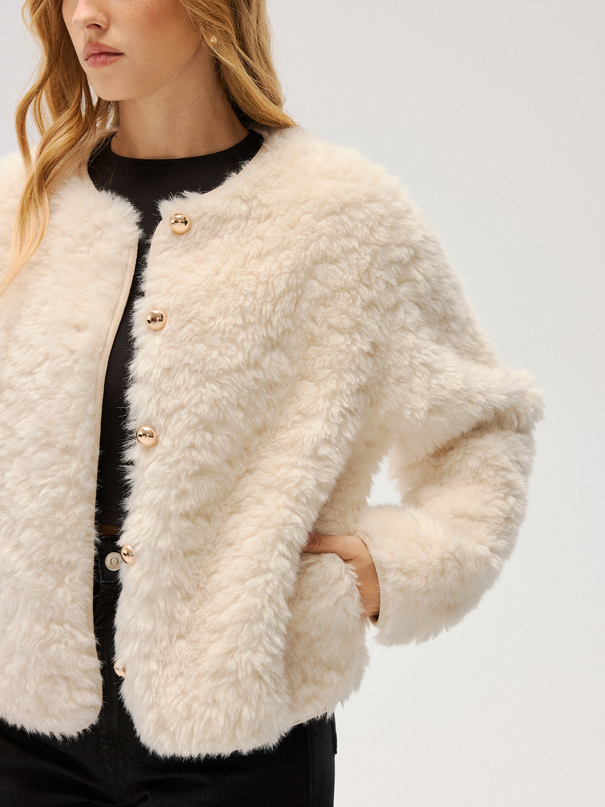 Metal Button Faux Fur Coat