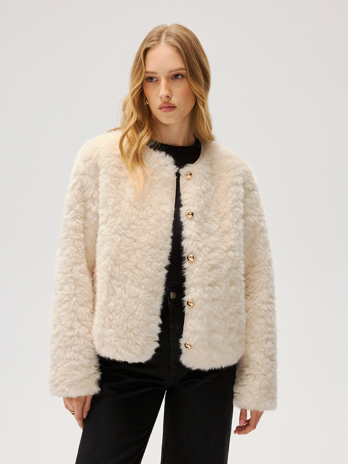 Metal Button Faux Fur Coat