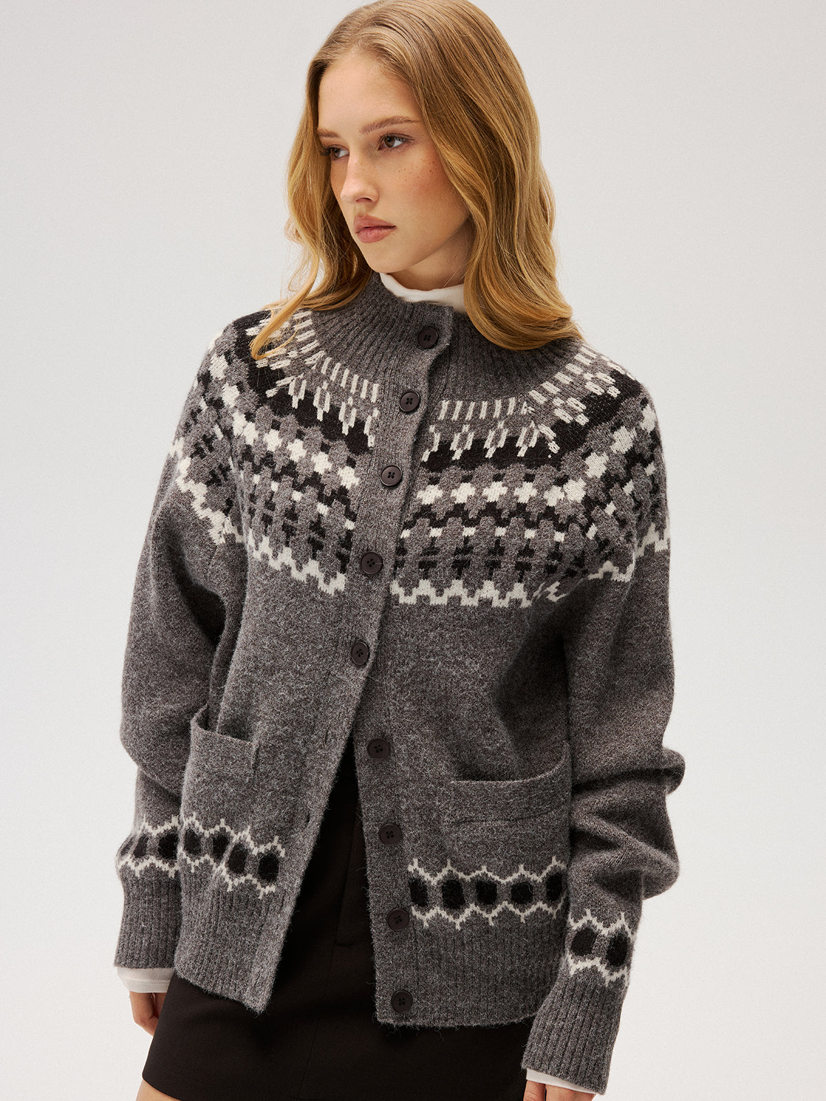 Loose Fair Isle Knit Button Front Cardigan