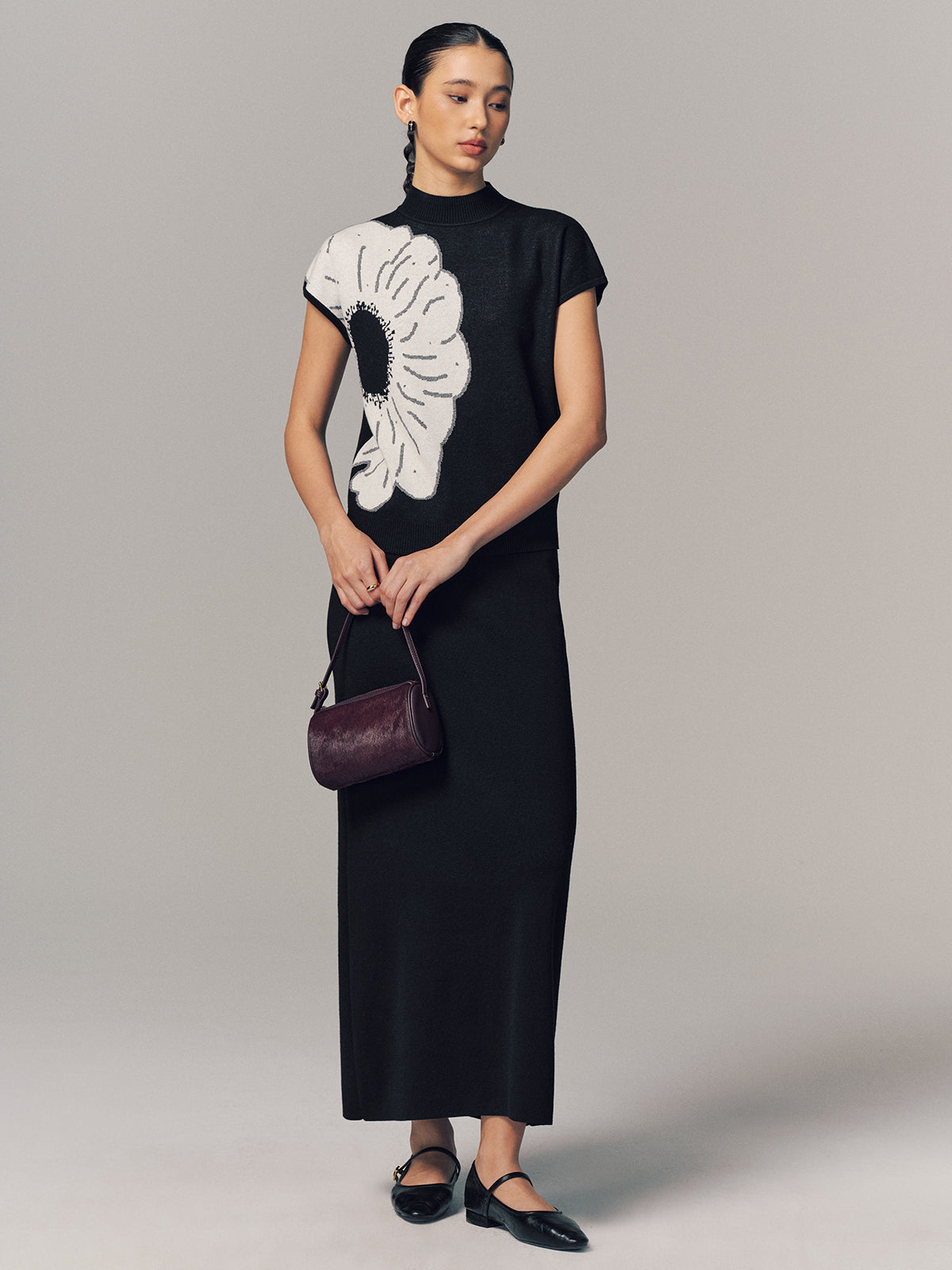 Wool-Blend Floral Print Top & Maxi Skirt Set
