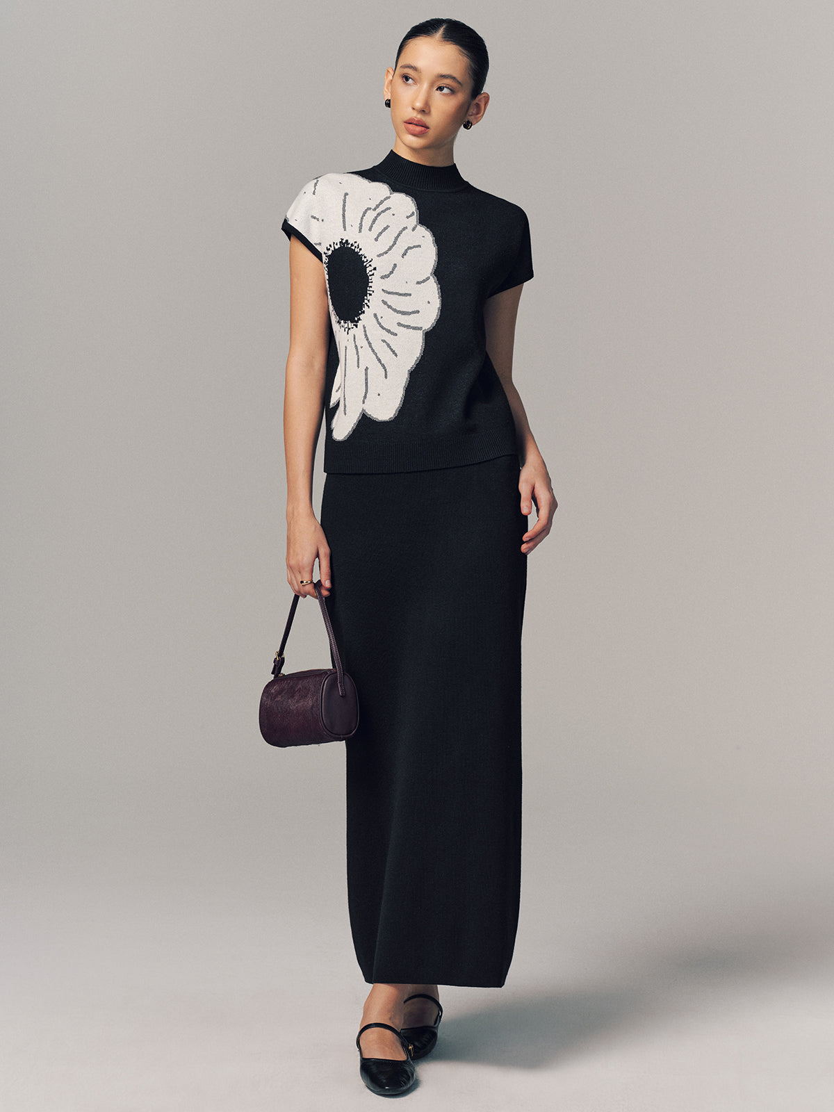 Wool-Blend Floral Print Top & Maxi Skirt Set