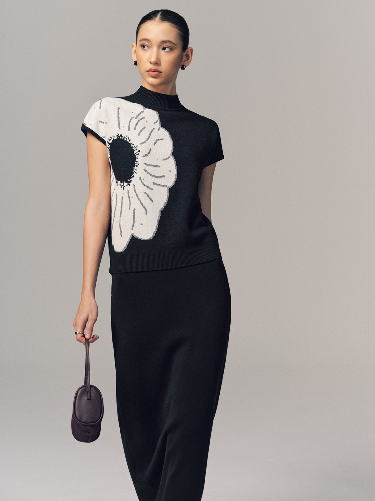Wool-Blend Floral Print Top & Maxi Skirt Set