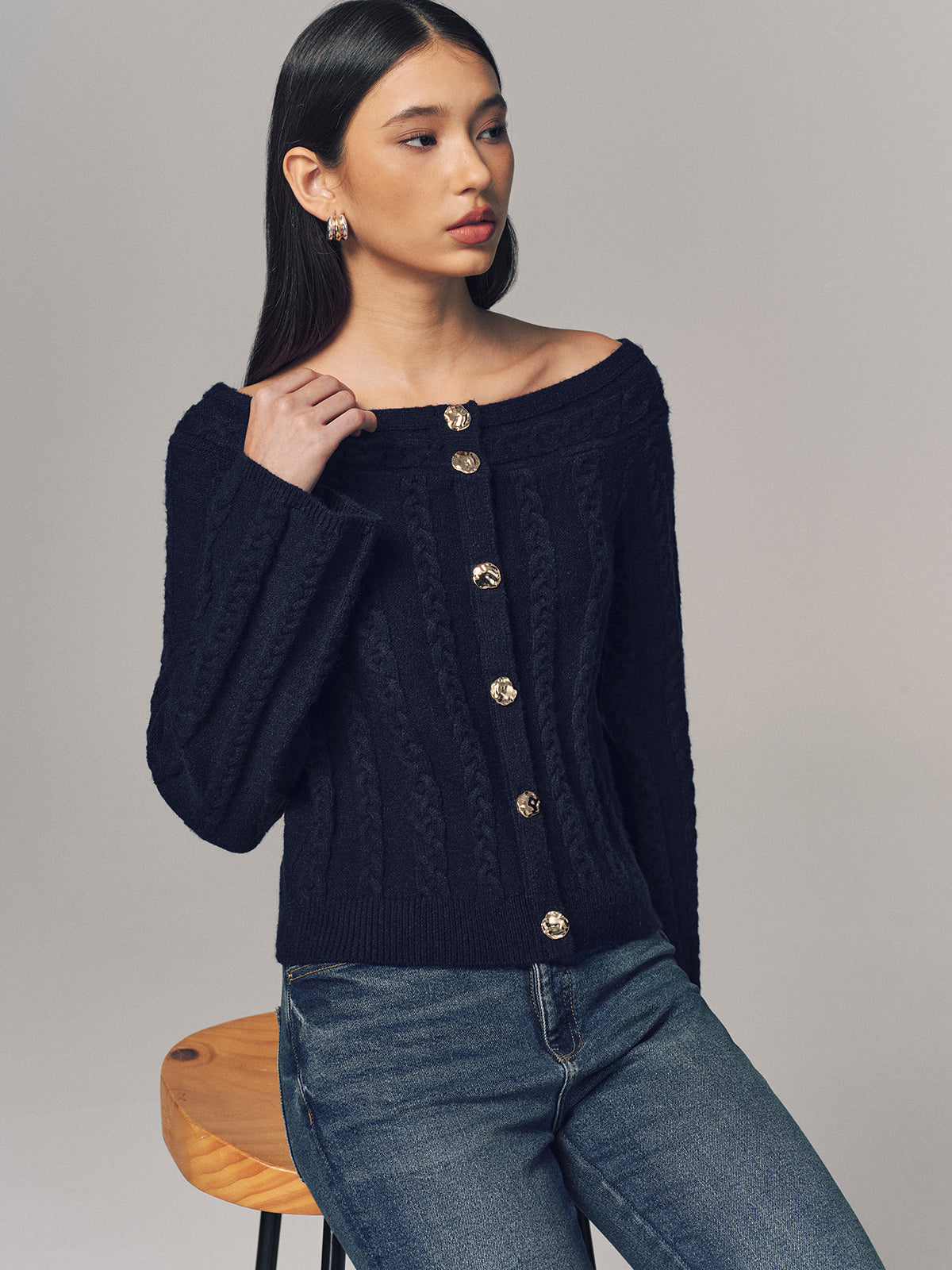 Multi-Way Cable Knit Boat Neck Metal Detail Knitted Top