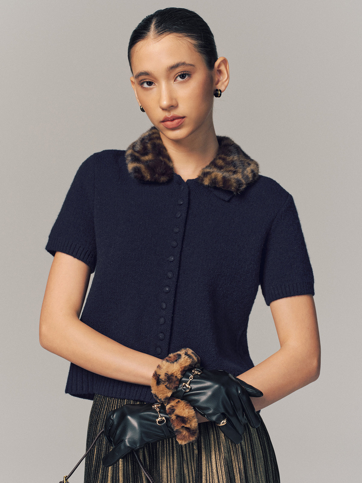 Leopard Faux Fur Collar Short-Sleeve Cardigan