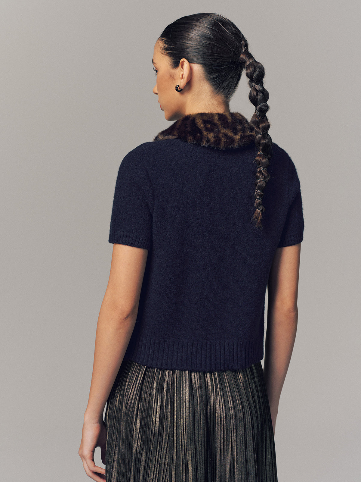 Leopard Faux Fur Collar Short-Sleeve Cardigan