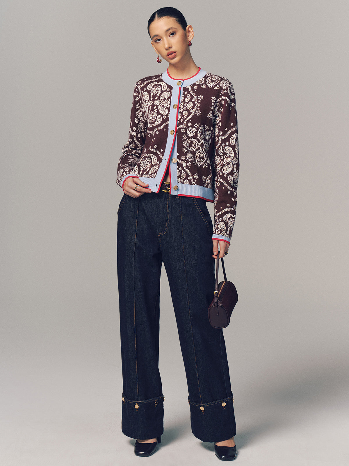 Contrast Trim Paisley Knit Cardigan
