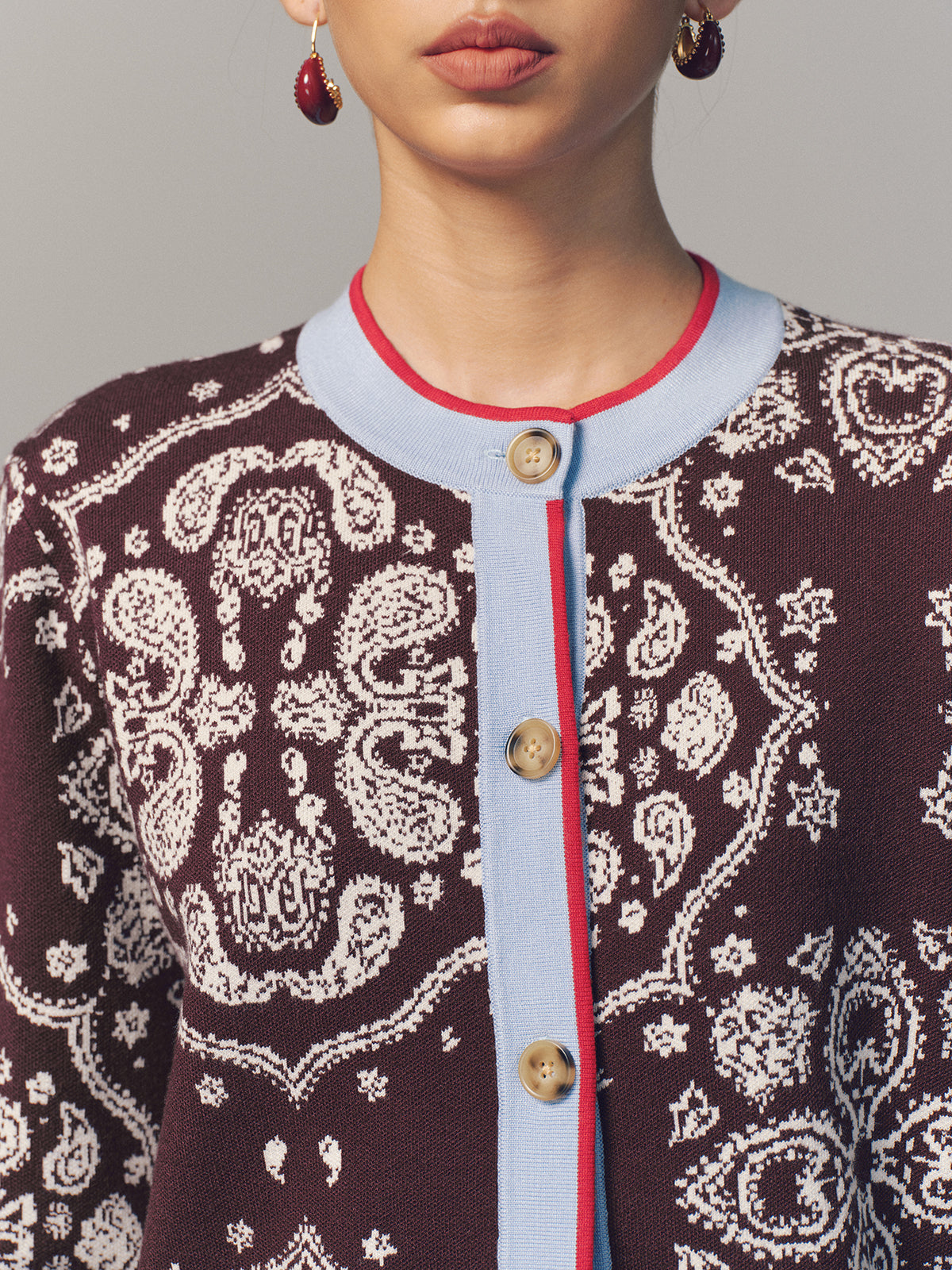 Contrast Trim Paisley Knit Cardigan