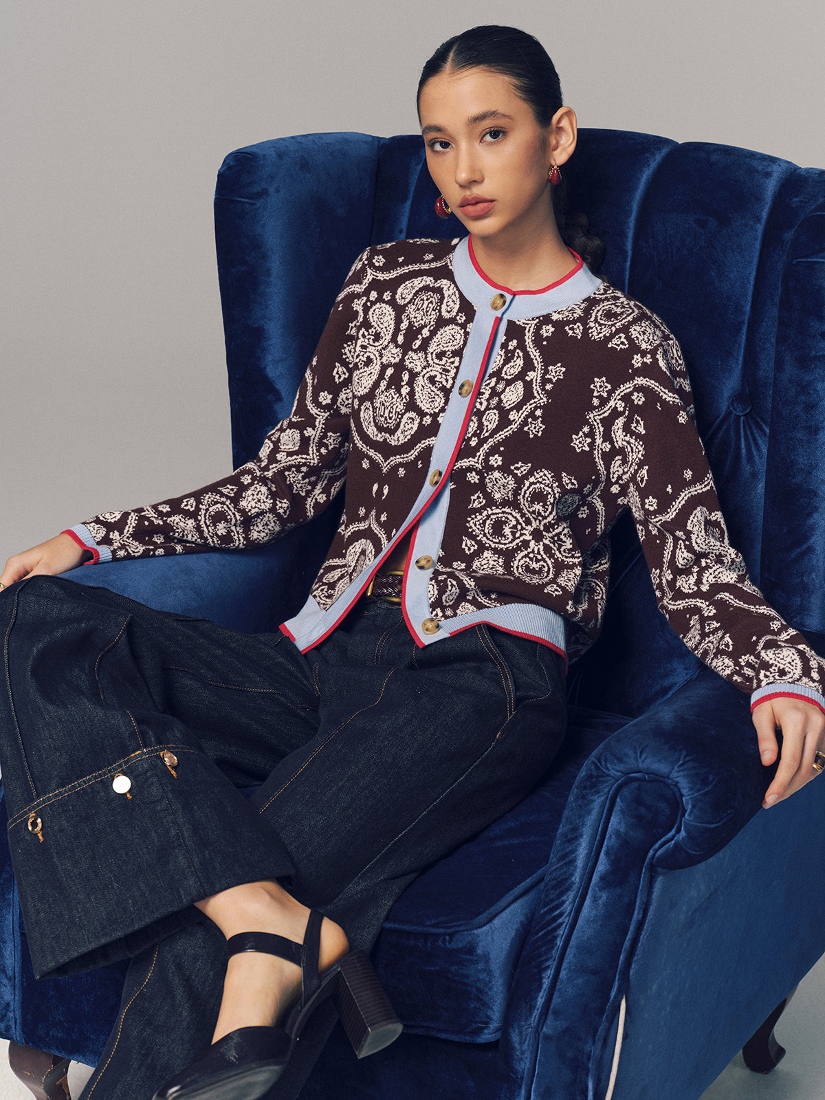 Contrast Trim Paisley Knit Cardigan