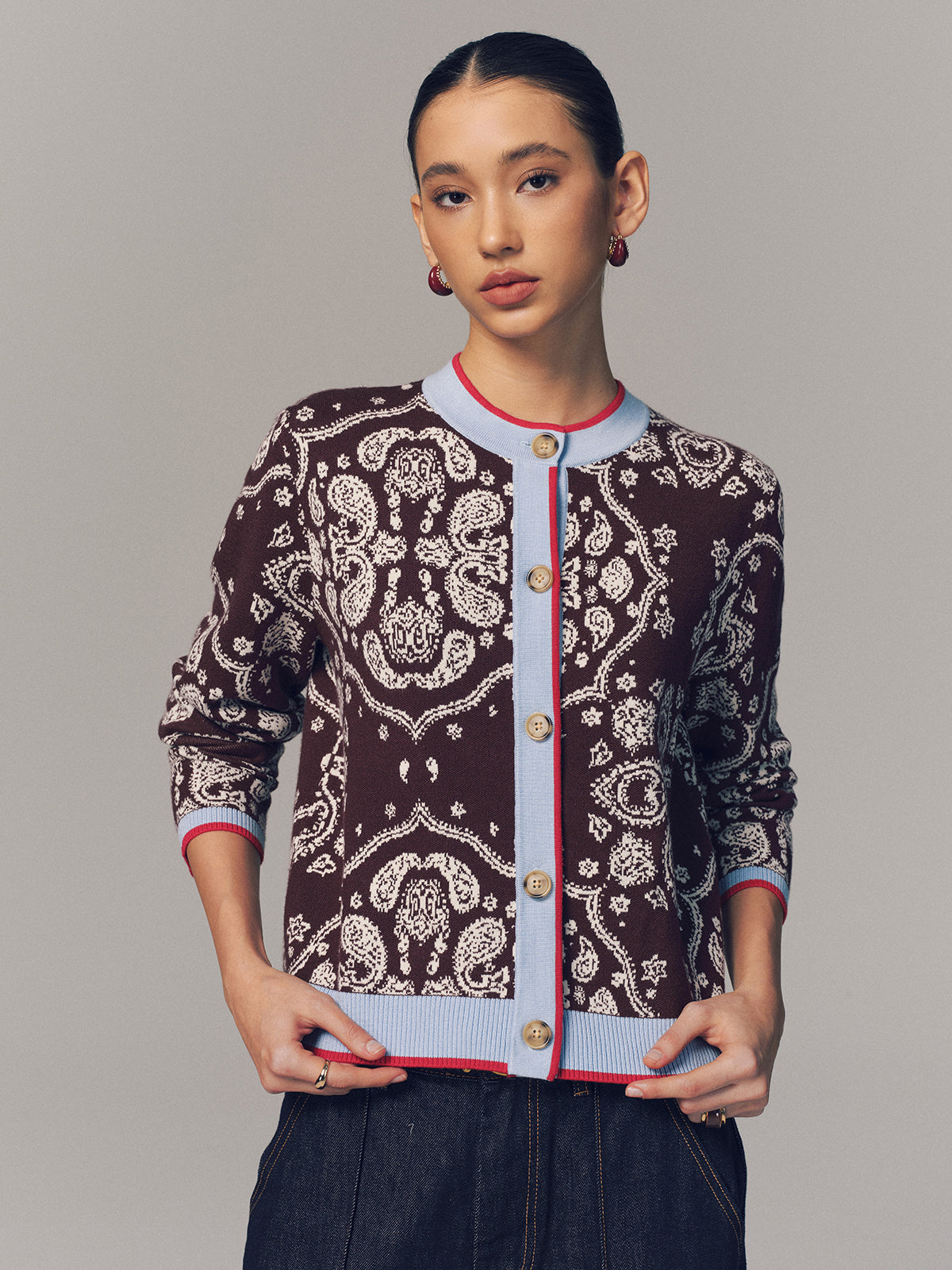 Contrast Trim Paisley Knit Cardigan
