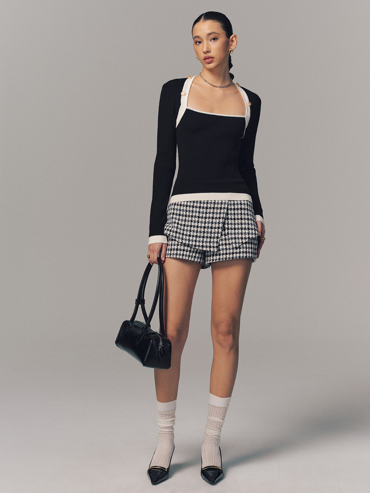 Contrast Trim Square Neck Ribbed Sweater