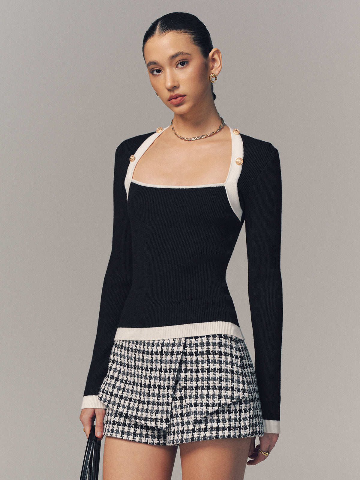 Contrast Trim Square Neck Ribbed Sweater