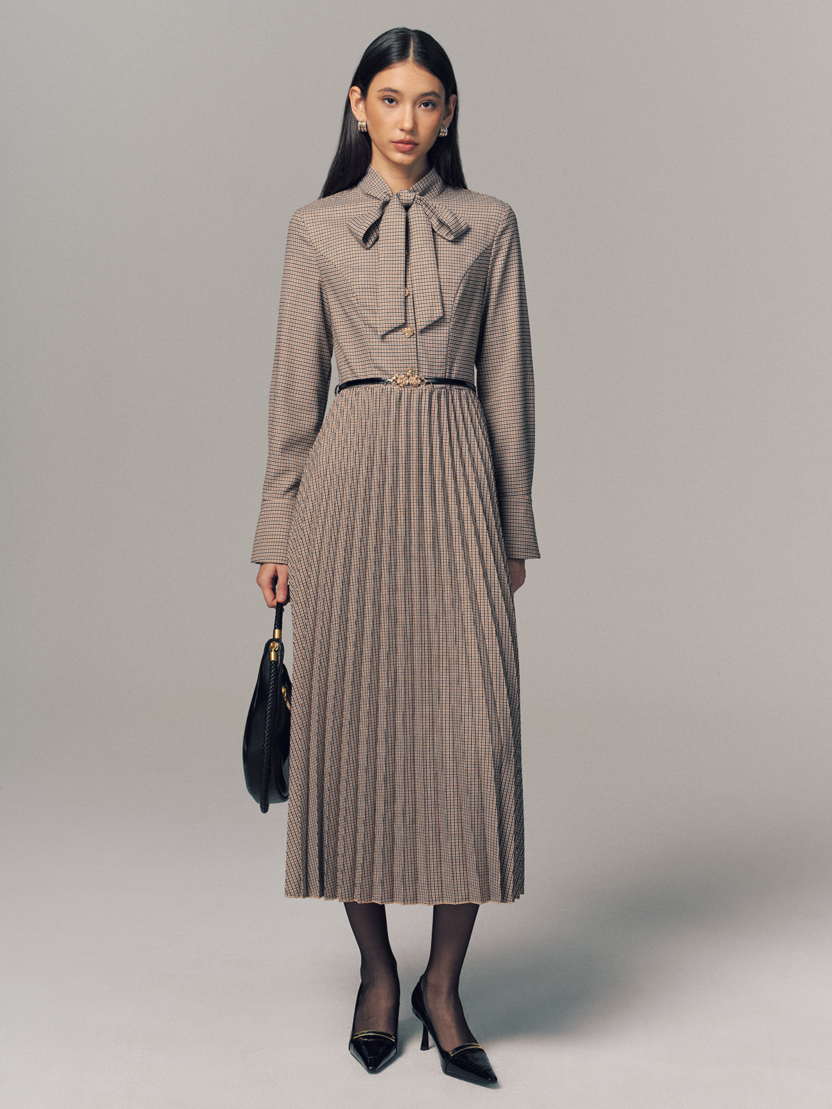 Belted Bow Neck Plaid Pleated Maxi Dress